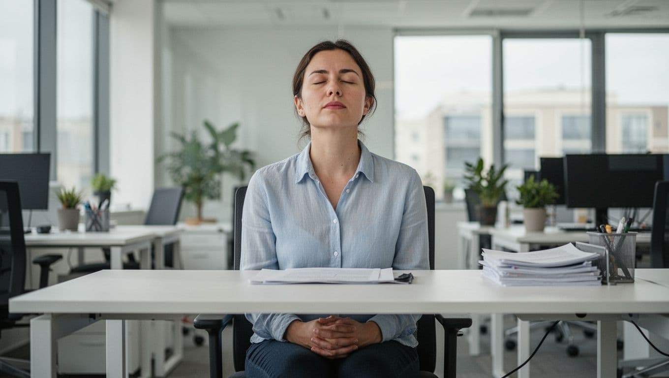 A person in a modern office takes a deep breathing pause, seated at desk with eyes closed and hands relaxed on lap, in a bright calm environment centered on serene face, realistic style with soft natural light.