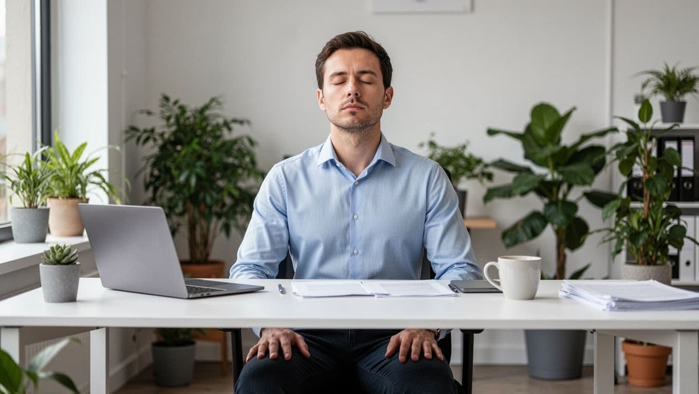 A unique office employee sits at a modern desk with eyes closed, practicing calm guided breathing, hands resting on knees, laptop and coffee cup nearby in a serene environment with plants and soft natural light.