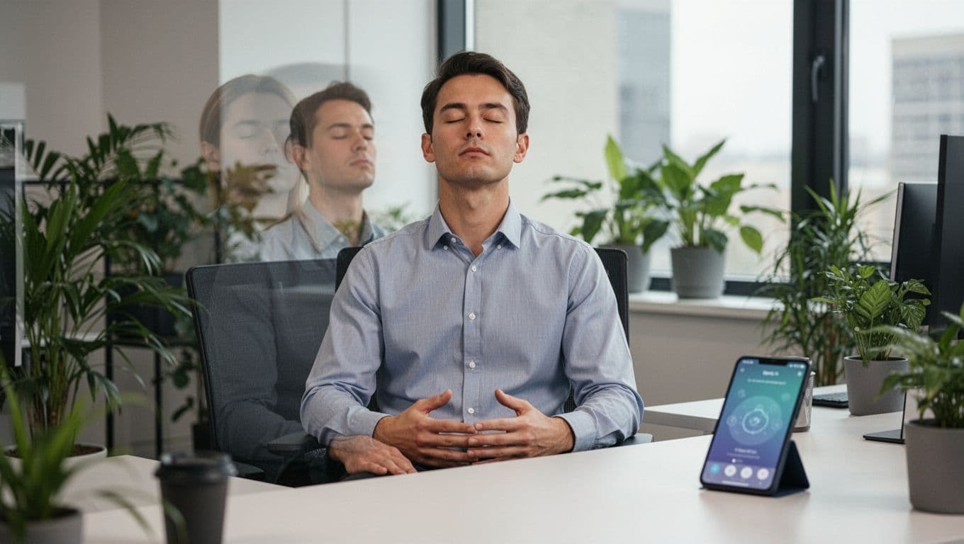 An office employee sits calmly at their modern desk during a short guided breathing break, eyes softly closed, hands relaxed in lap, with a nearby portable phone showing a blurred breathing app screen. The serene atmosphere includes green plants, soft natural light from a window, focusing on the restored focus and quick relief mood.
