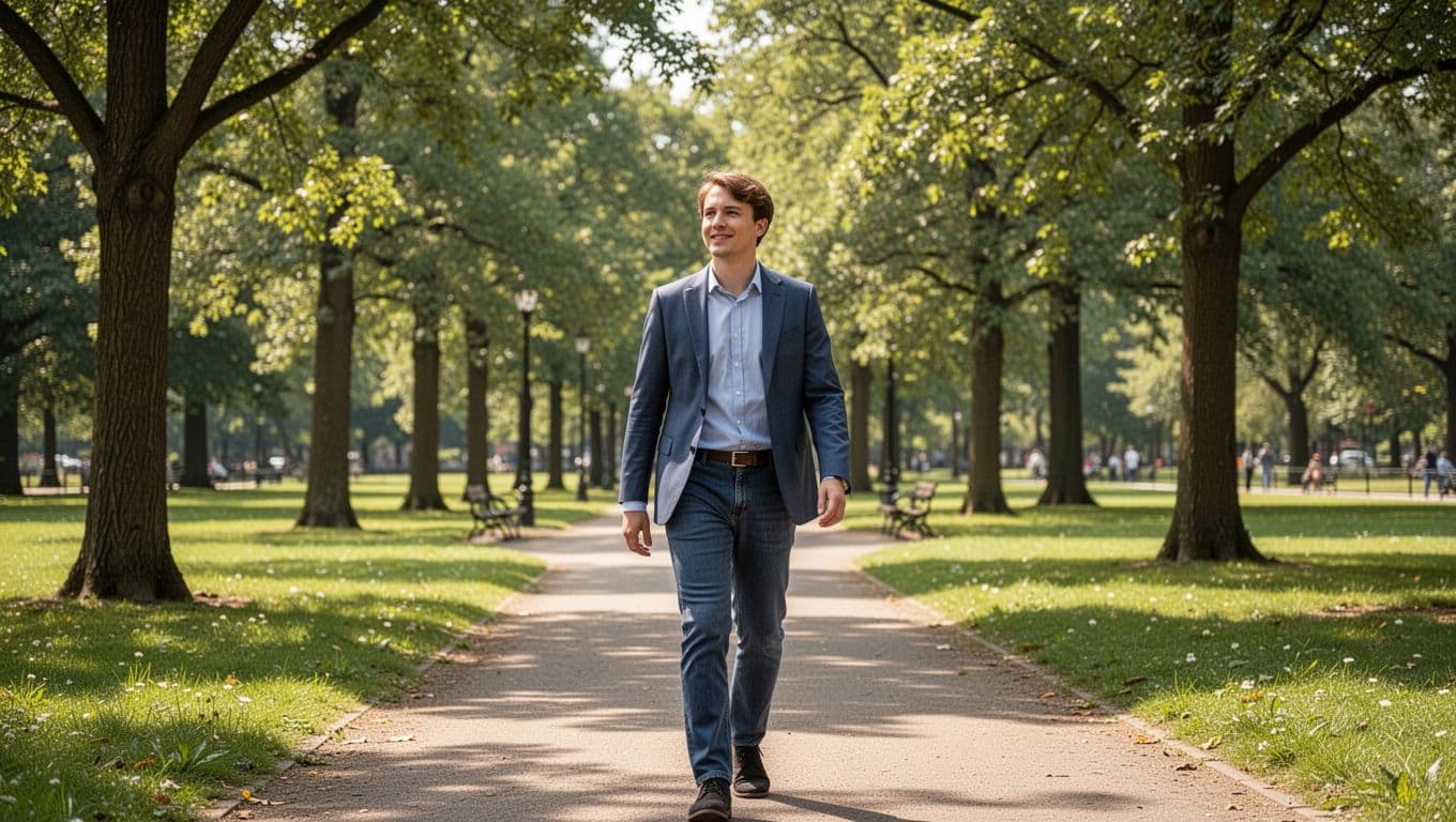 A single person in casual business attire enjoys a relaxed short walk on a sunny park path, with trees and serene expression, realistic landscape photography.