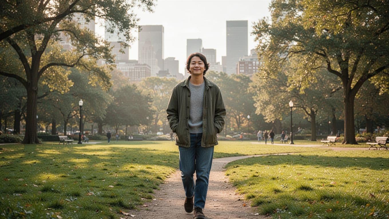 A single person walks calmly through a lush green park in soft morning light, hands in pockets, relaxed expression, no phone or devices visible, distant urban landscape.