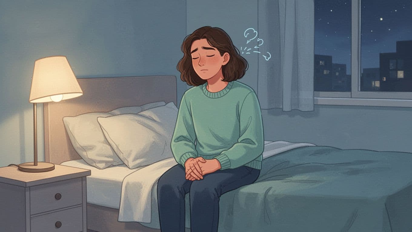 Modern illustration of a young adult in a cozy home bedroom at evening, sitting on the bed edge under soft lamp light with eyes closed in a short breathing pause before sleep, hands relaxed in lap in a serene posture.