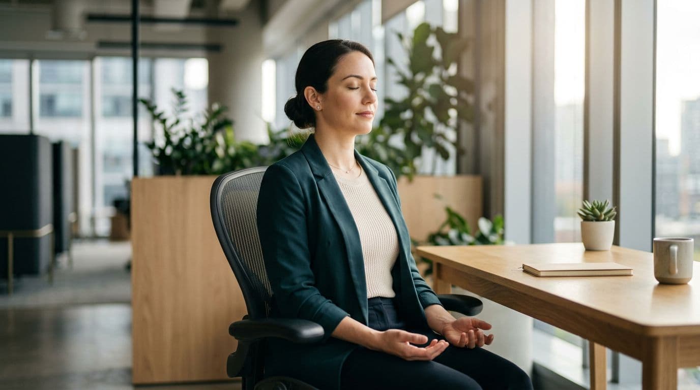 A single professional in business casual attire sits calmly at an office desk with eyes closed during a breathing exercise, hands relaxed on lap, subtle soft glow, and blurred modern office background in a serene realistic style.