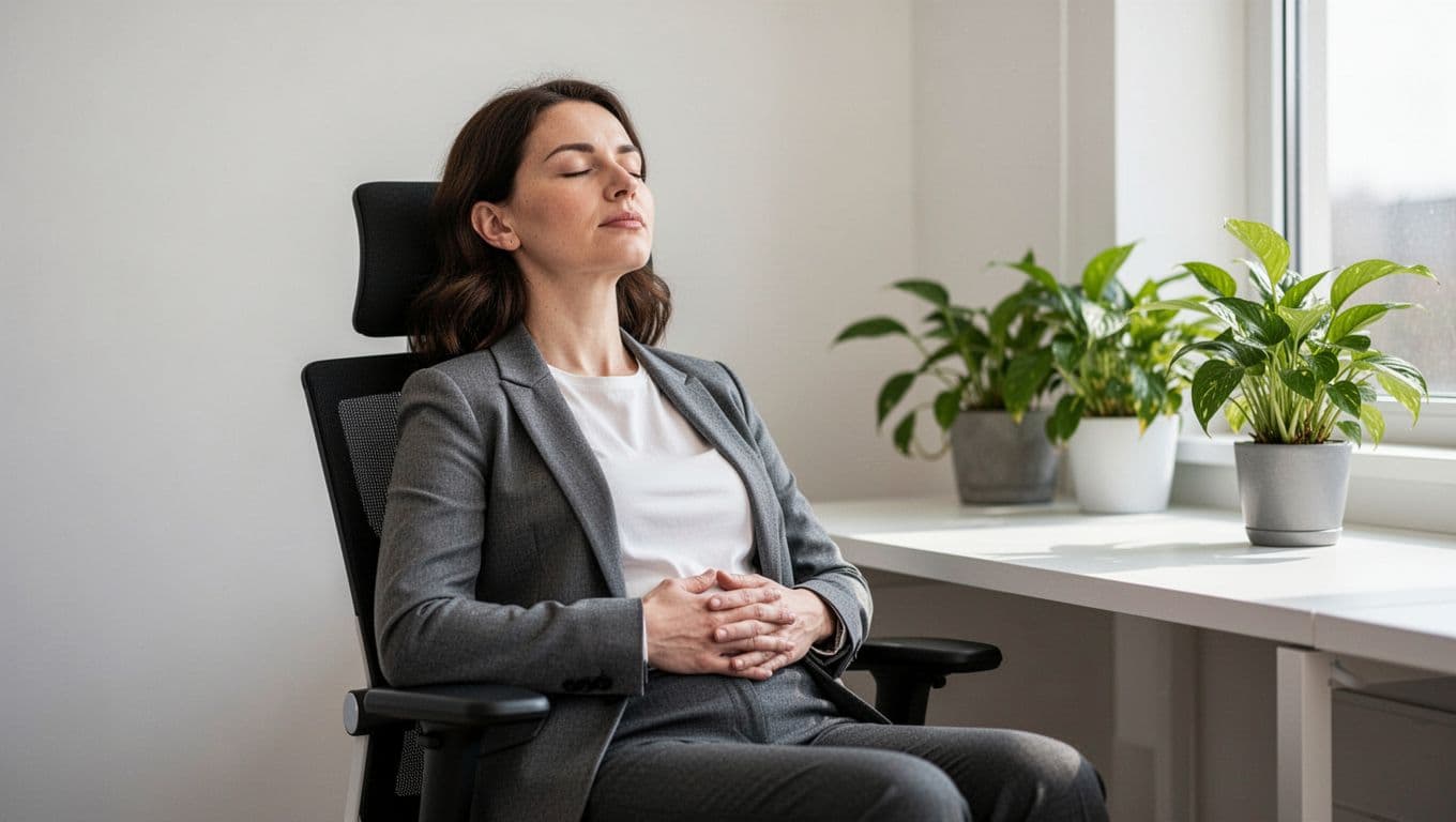 A lone professional sits in a modern office chair with eyes closed, hands relaxed on the abdomen, breathing deeply in a calm and serene expression. Soft natural light from a window illuminates the scene, featuring a clean desk with a nearby plant and no electronic devices visible.