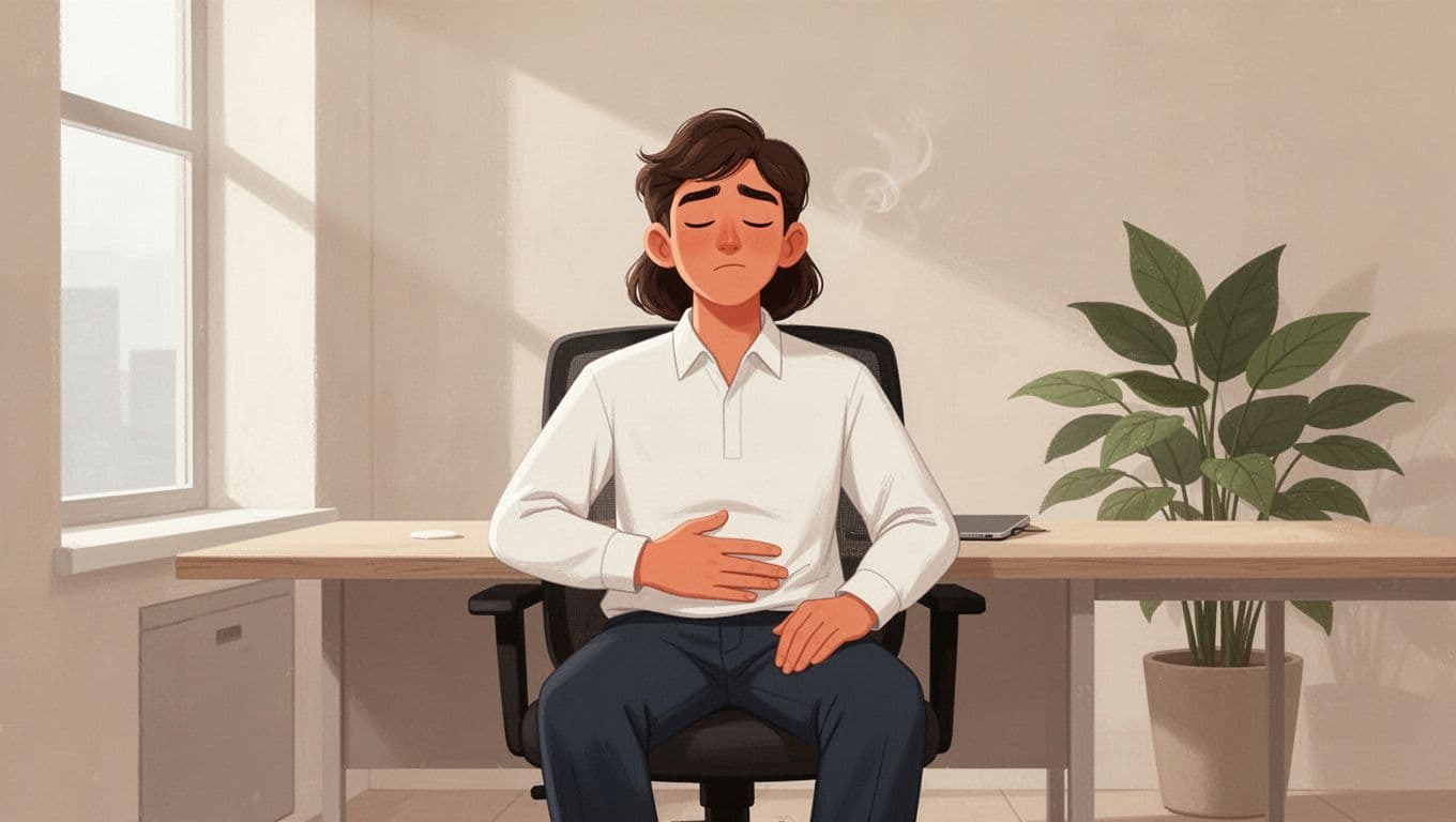 Young professional woman on break in office chair, breathing deeply with hand on abdomen, eyes closed in serene expression, minimalist setting with desk and plant, modern illustration.