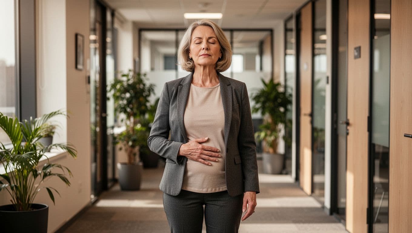 In a quiet office hallway bathed in soft window light, a middle-aged professional woman stands relaxed with eyes closed and hand on her abdomen, embodying a calm moment of deep focused breathing amid blurred modern office background.