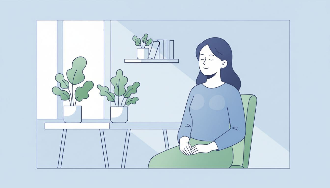 Modern illustration of a young professional woman at her desk in a contemporary office, eyes closed in deep calm breathing with a serene expression, surrounded by natural window light and plants.