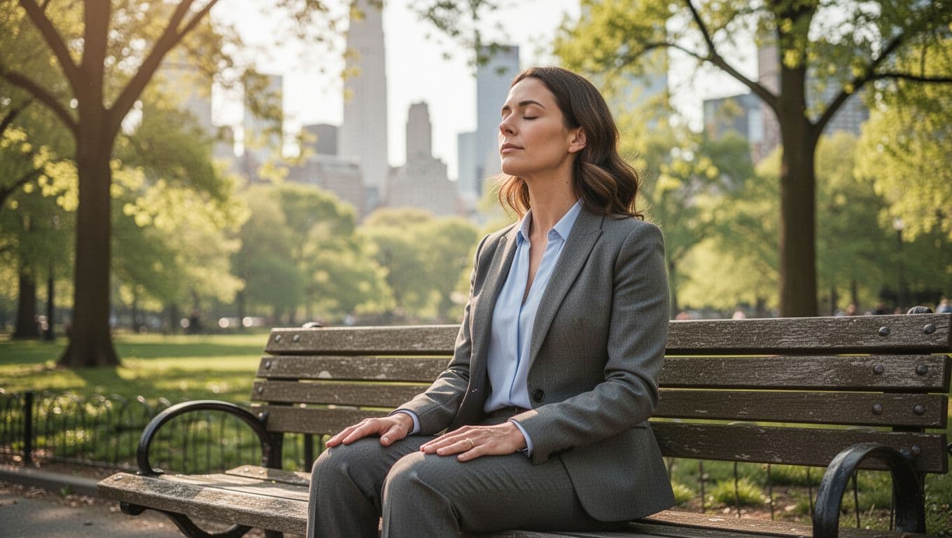 A professional woman in business casual clothes sits on a park bench during daytime, eyes closed practicing guided breathing with hands relaxed on her lap. Soft sunlight filters through green trees in the background of an urban park with a blurred city skyline, capturing a calm and peaceful mood.