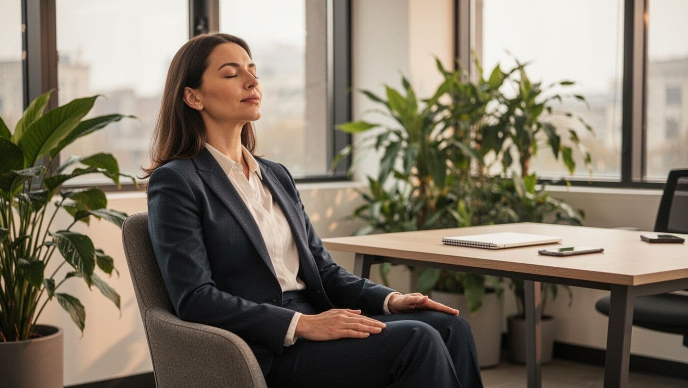 Landscape image of one professional woman leader sitting comfortably in a modern office chair, eyes closed, hands relaxed on lap in a breathing exercise pose with calm expression. Soft natural light from window, green plants, simple desk with notebook and phone in background; photorealistic, warm lighting, high detail.