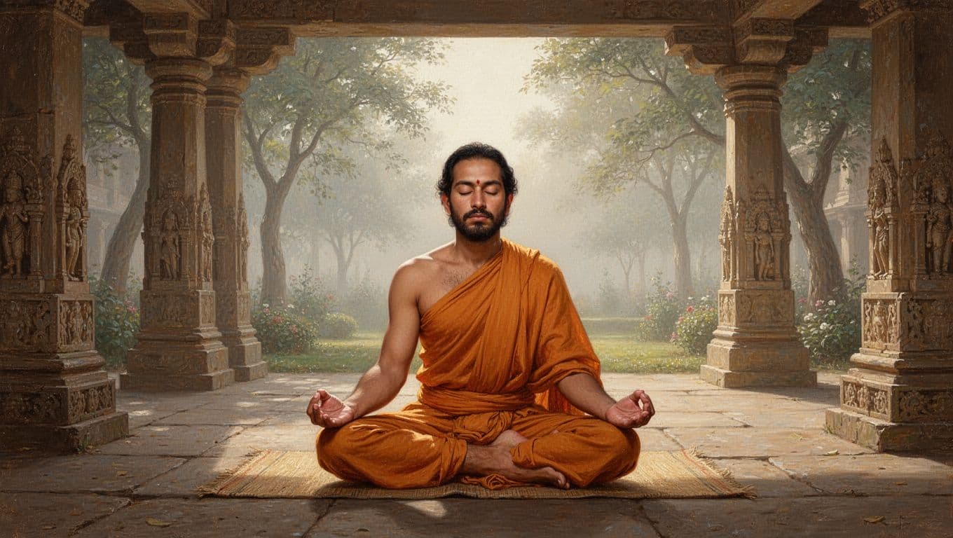 Exactly one yogi sits in lotus position on a simple mat inside an ancient Indian stone temple courtyard with carved pillars and trees in soft morning light, eyes closed, hands in gentle mudra, wearing traditional orange cloth.