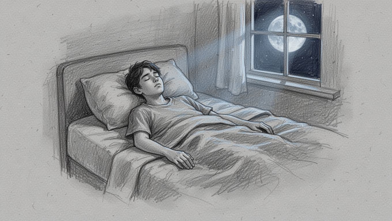 Serene young adult asleep in a comfortable bed with relaxed limbs sinking into the mattress and subtle chest rise for calm breathing, in a quiet moonlit bedroom. Hand-drawn graphite sketch with light shading on clean light gray paper background.