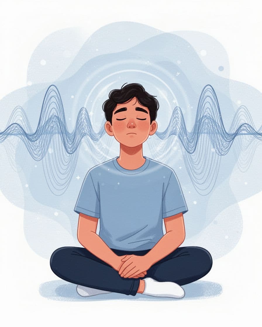 A young person sits comfortably with eyes closed, inhaling deeply amid a calming aura on a soft abstract background with breathing waves in gentle blues and whites.