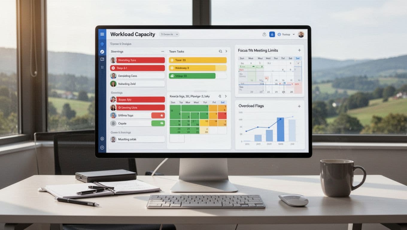Computer screen displaying shared digital workload capacity dashboard with team tasks using red, yellow, green status indicators, calendar focus blocks, meeting limits, overload charts on modern office desk with coffee mug and natural window light.