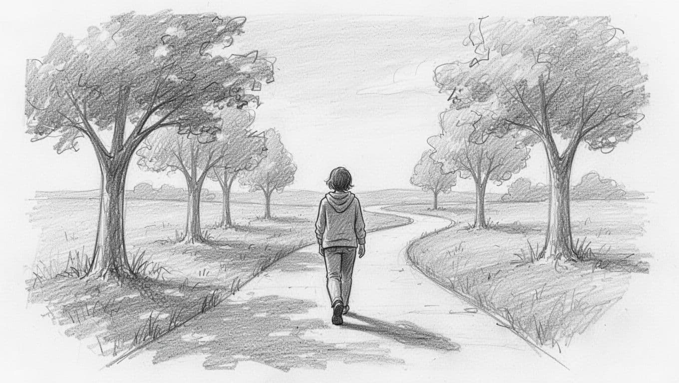 Hand-drawn graphite sketch of one person walking with a relaxed stride on an outdoor path amid trees and sky, evoking post-anxiety relief and benefits of movement.