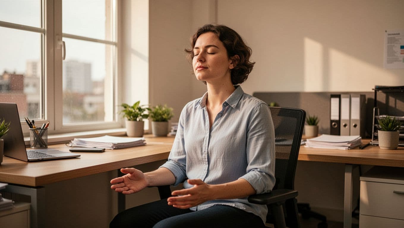 A person sitting at an office desk performs a simple box breathing exercise, hands relaxed on lap, eyes closed with a calm expression, illuminated by natural daylight from a nearby window. Serene realistic style with warm lighting, focusing solely on the individual and minimal surroundings.