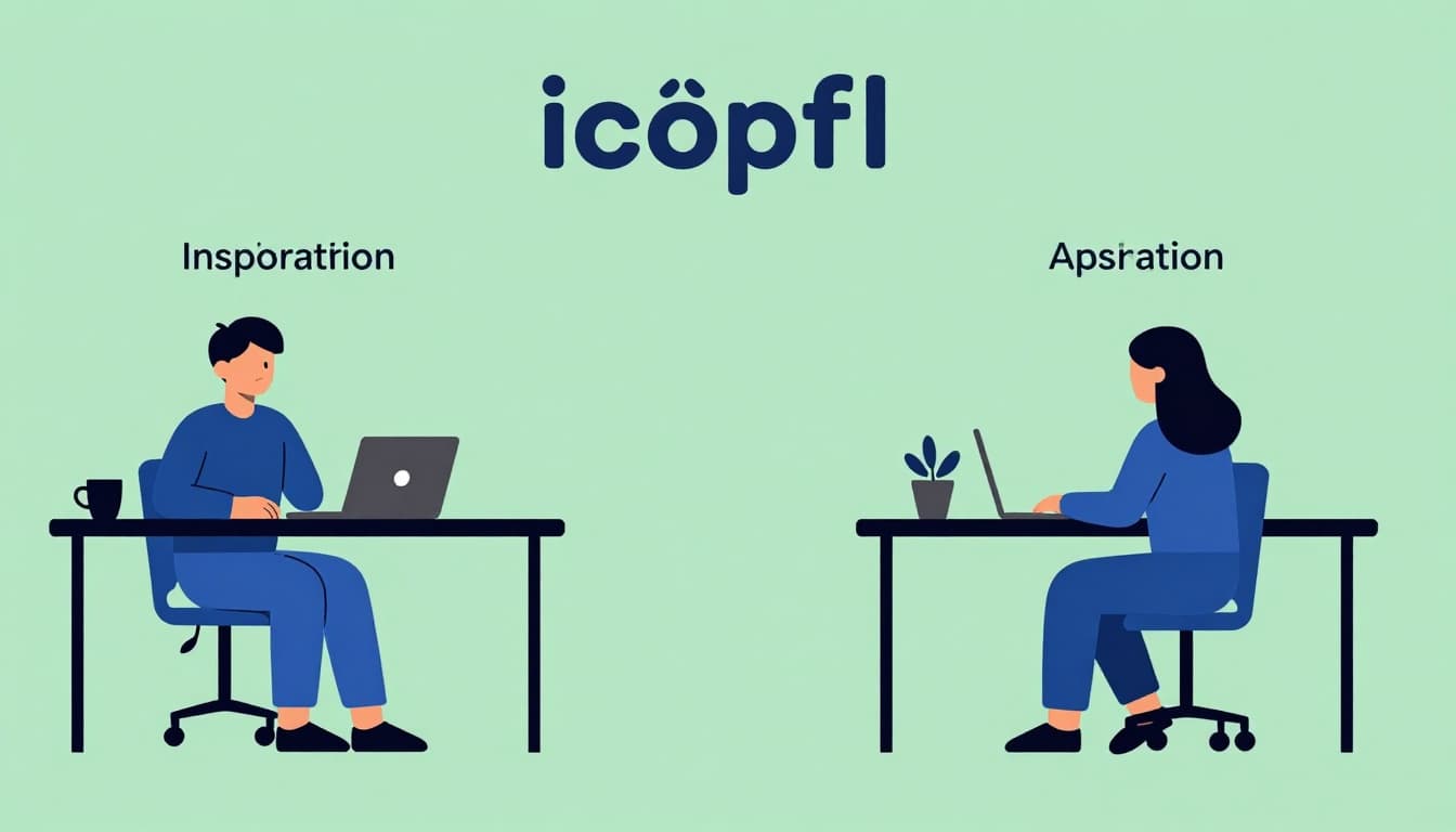 Minimalist icons depicting inspiration, pause, and expiration with a relaxed person at a desk in a modern flat graphic style using calm blue and green colors.