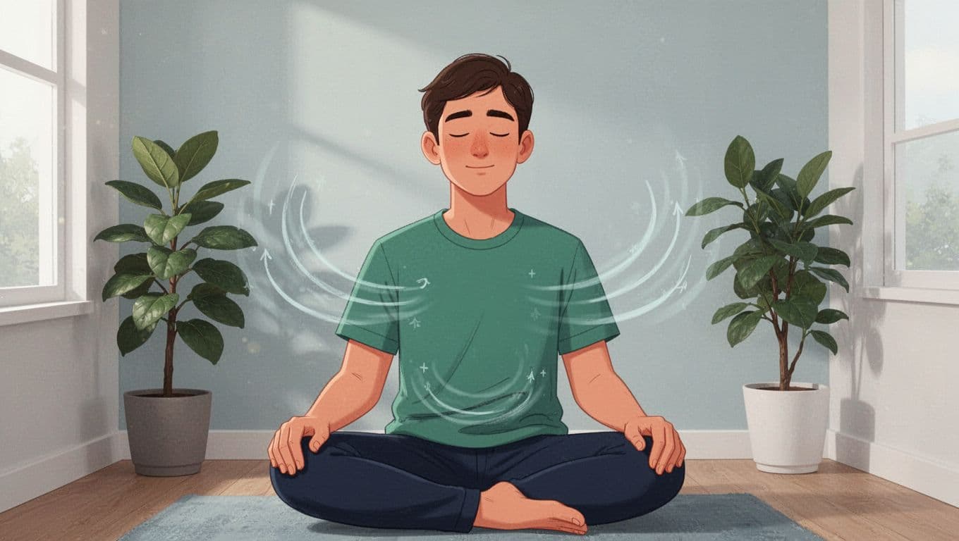 Person sitting comfortably practicing a simple guided breathing exercise with calm face, eyes closed, hands resting on lap, subtle curved lines showing slow breath flow. Quiet home or office corner with plant and window light, modern illustration in calm greens, blues, neutrals.