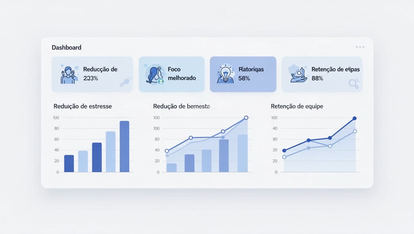 Minimalist dashboard displaying wellness metrics like stress reduction, improved focus, and team retention with soft blue bar and line charts on a white background in modern flat design.