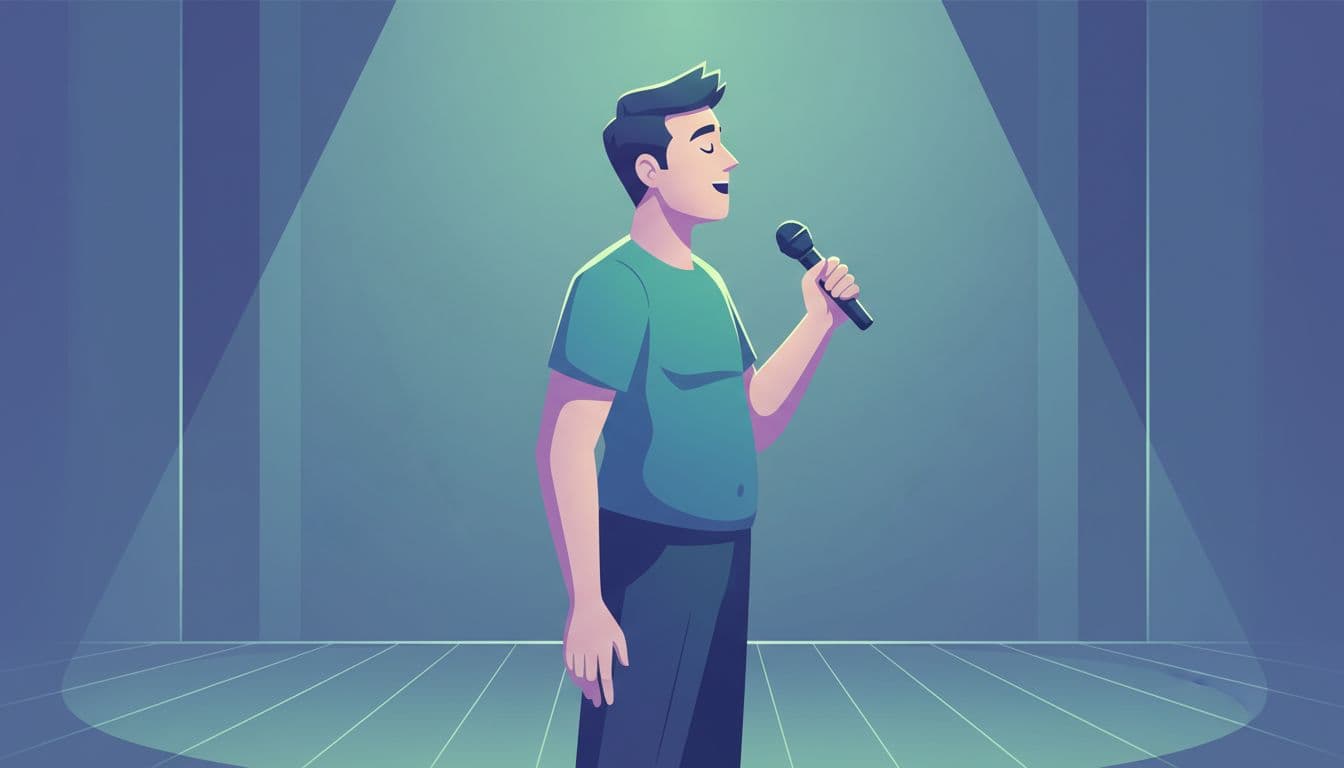Modern illustration of a young professional singer on a simple stage, upright posture with expanded chest and belly from deep breath, holding microphone loosely, mouth slightly open sustaining a note, calm focused expression in cool blue-green tones.