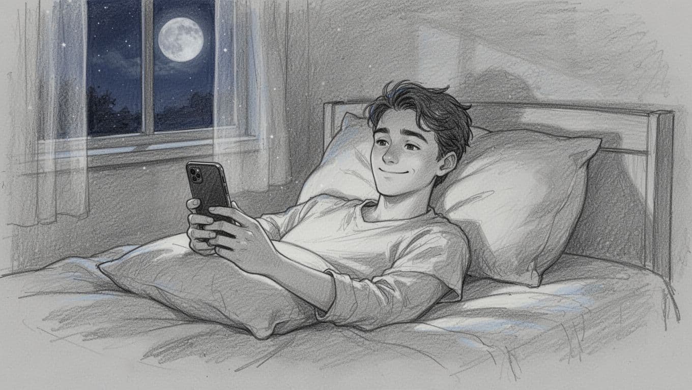 Young adult lying relaxed in a peaceful moonlit bedroom at night, subtly smiling at a smartphone propped on the pillow showing a progress streak screen. Hand-drawn graphite linework sketch with light shading on light gray paper.