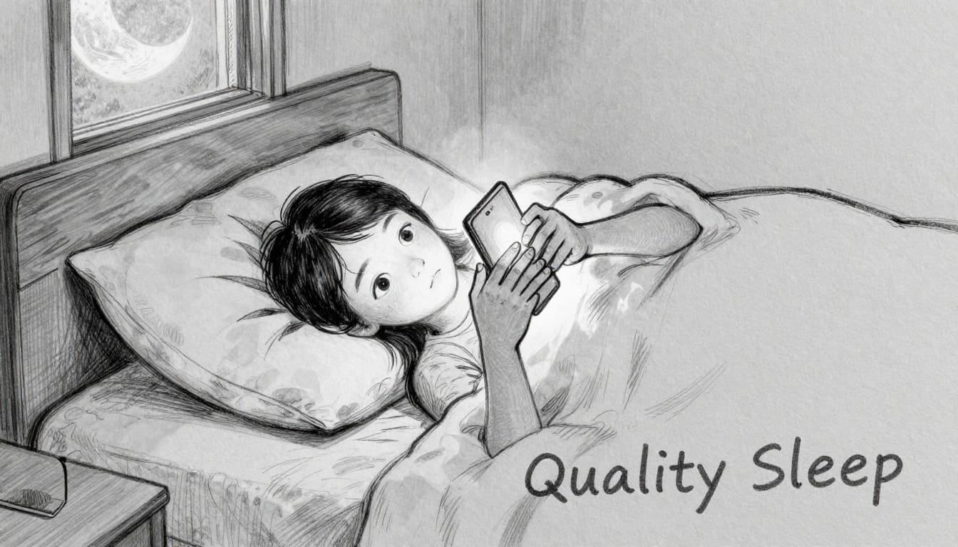 Hand-drawn graphite sketch of a person lying in bed at night, unable to sleep, holding a glowing phone screen close to their wide-open eyes while tossing under covers in a simple bedroom with moonlight filtering through the window.