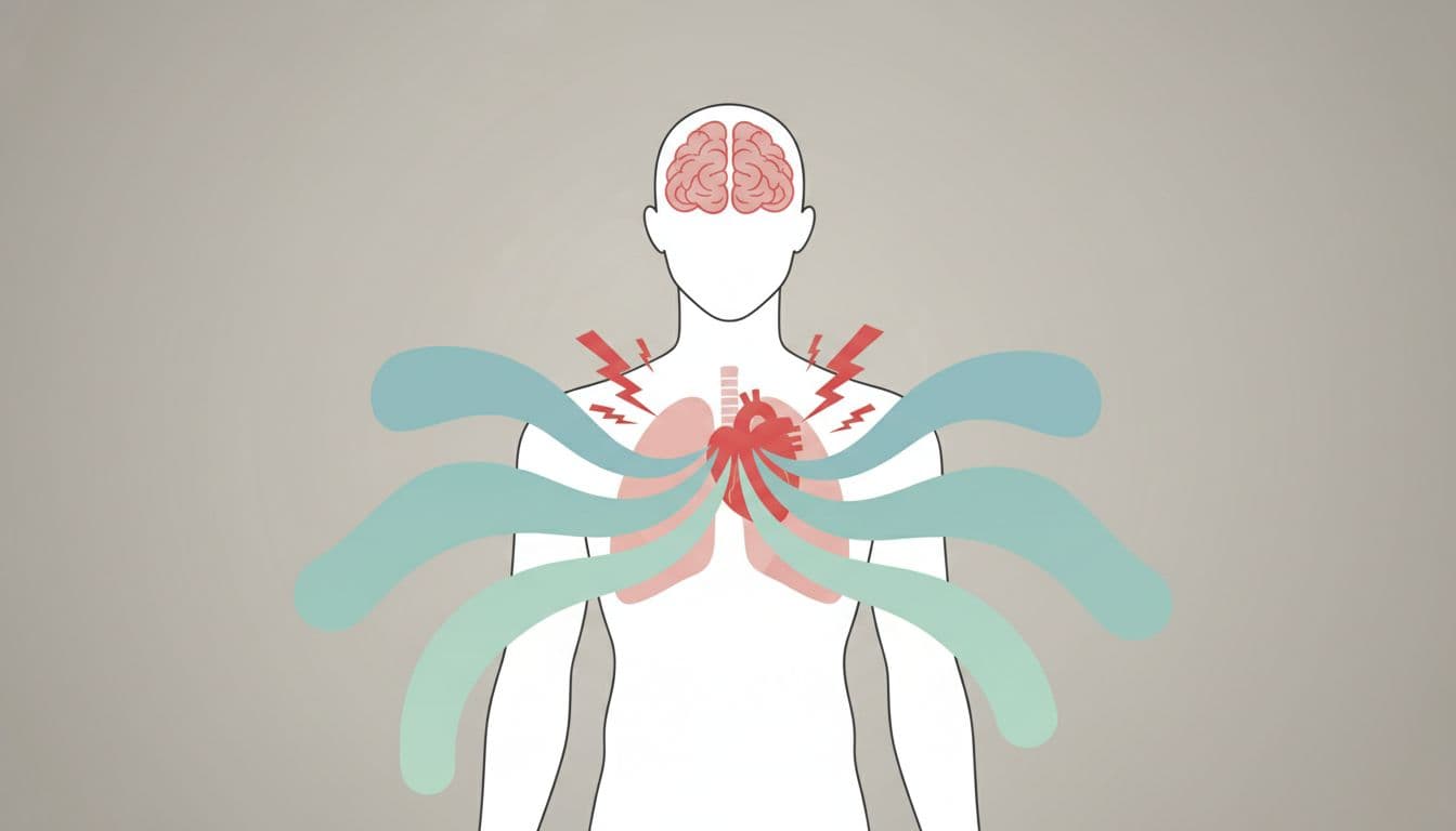 Simple human silhouette with bluish-green calm waves emanating from the lungs to the heart and brain, dissipating red stress icons like arrows and lightning on a neutral background in a modern illustration style.