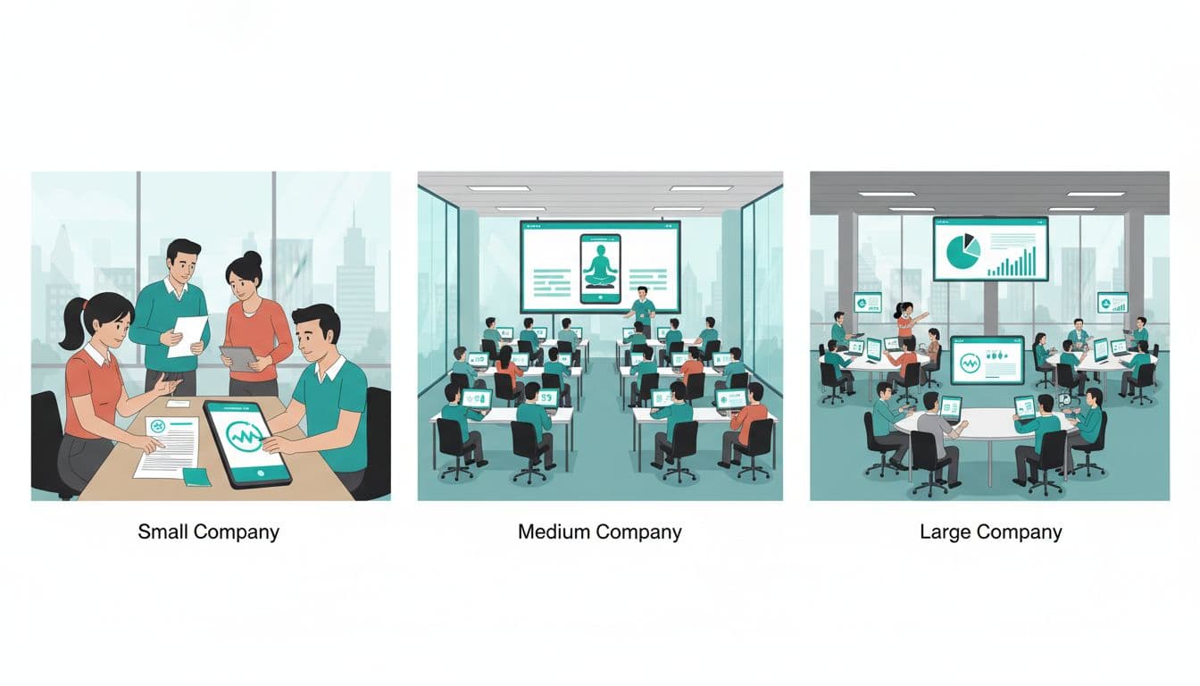 Ilustración en tres paneles horizontales mostrando empresas pequeña con 5 trabajadores revisando políticas, mediana con 20 en capacitación y grande con 50+ en evaluación grupal, todas integrando app de respiración en oficinas de Ciudad de México.