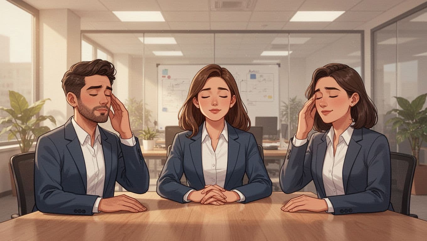 A small group of up to three colleagues in a virtual or in-person professional meeting, all closing their eyes for a mindful breathing pause. Relaxed office environment with warm lighting, shared screens or table, hands relaxed on the table, clean realistic illustration style.
