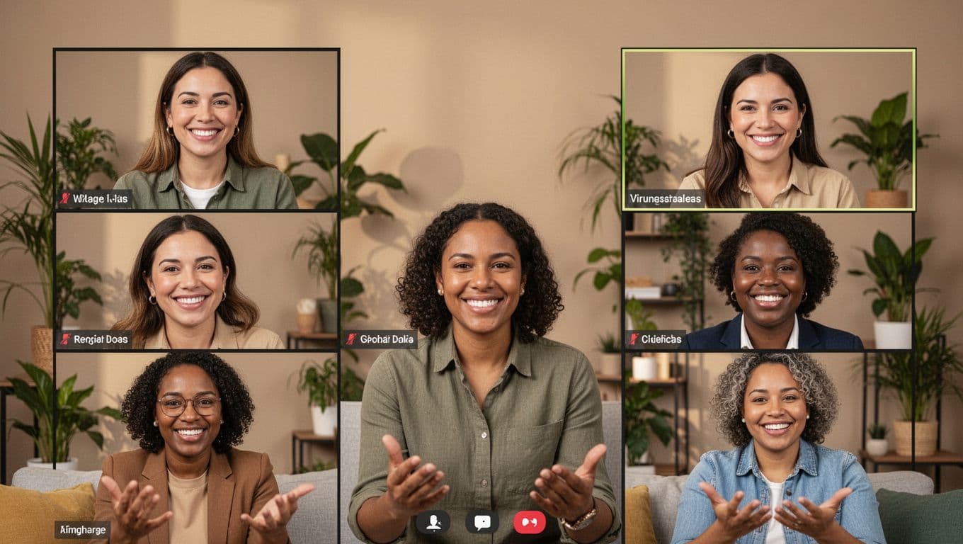 Two coaches and three participants in a virtual group coaching video call, showing attentive and connected expressions, neutral background with plants, warm lighting, photorealistic style with exactly five people and relaxed visible hands.
