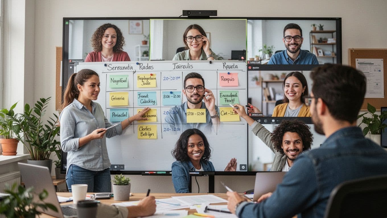 A realistic scene of a small collaborative office where one person in the foreground balances tasks on a simple whiteboard, while a screen displays exactly three team members in a virtual meeting, under natural lighting.