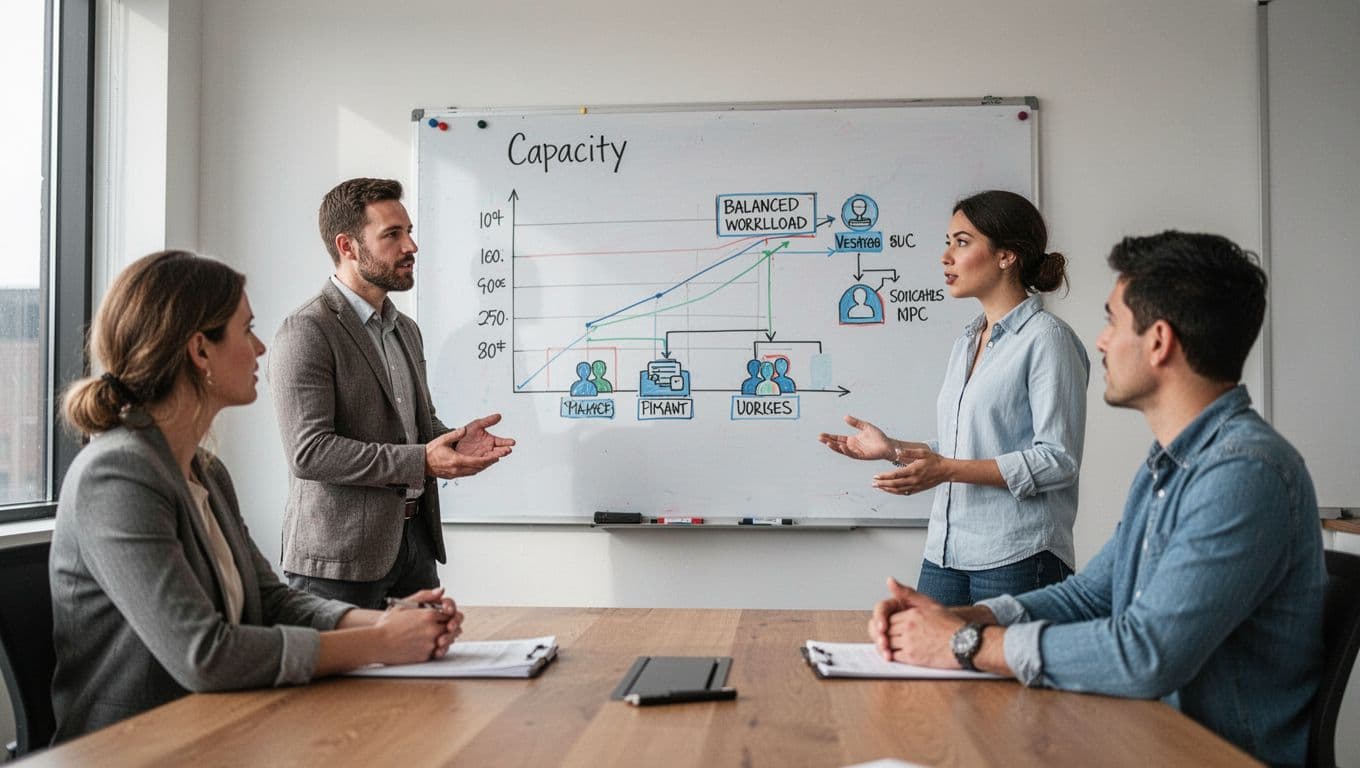 A small team of three people in a sunlit meeting room discusses calmly around a whiteboard featuring a capacity chart and balanced workload icons, with relaxed hands and no open laptops.