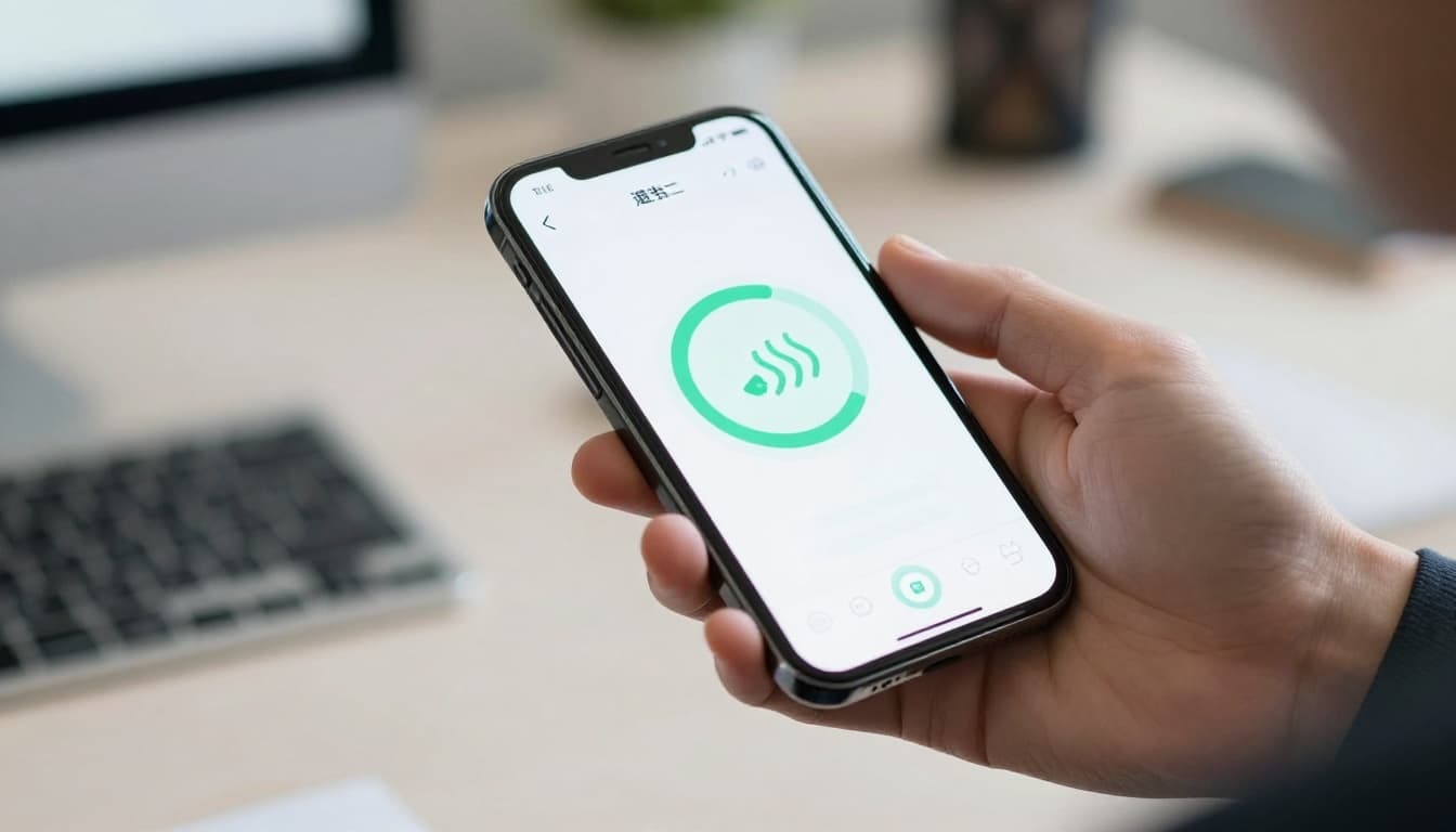 Close-up of a smartphone screen displaying a simple breathing app interface with an animated breath guide circle, held in a hand at an office desk with a relaxed thumb nearby and blurred work background.