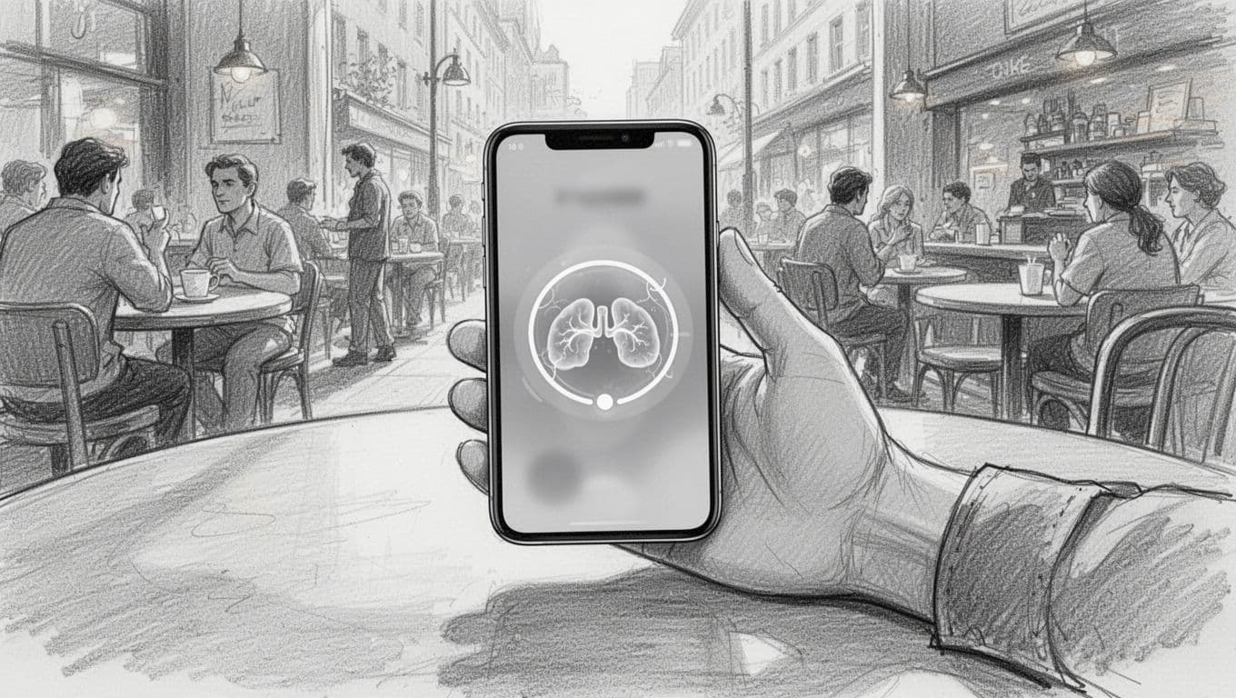 Hand-drawn sketch of a relaxed hand holding a smartphone displaying a lock overlay with a breathing prompt circle, wrist visible against a busy city cafe table background. Focus on the phone as a prop for breath breaks, with light graphite shading on clean white paper.