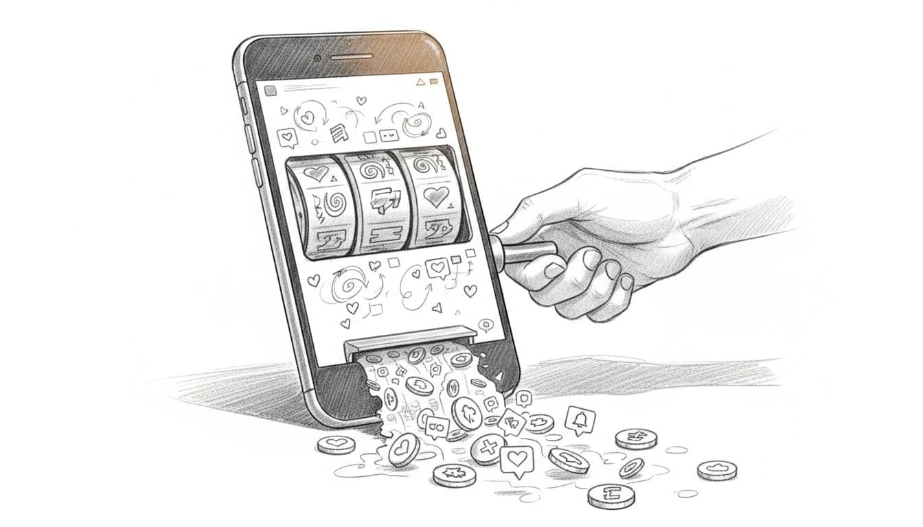 Hand-drawn sketch of a smartphone transformed into a slot machine with a hand pulling the lever, spinning reels showing abstract social feeds and hearts, and notification-shaped coins spilling as jackpot.