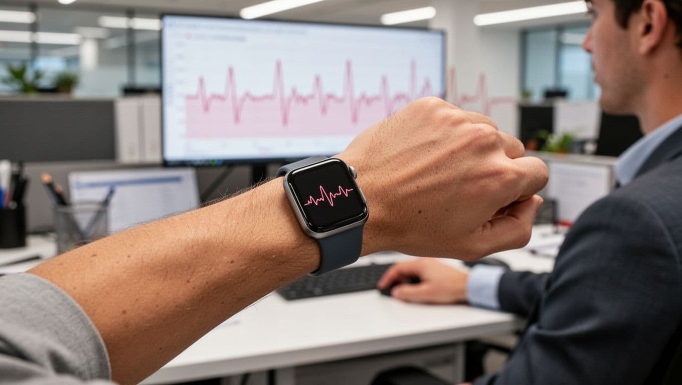 Close-up of a wrist wearing a smartwatch that measures physiological stress during office work, with a simple blurred heart rate graph in the background, realistic style and neutral office lighting.