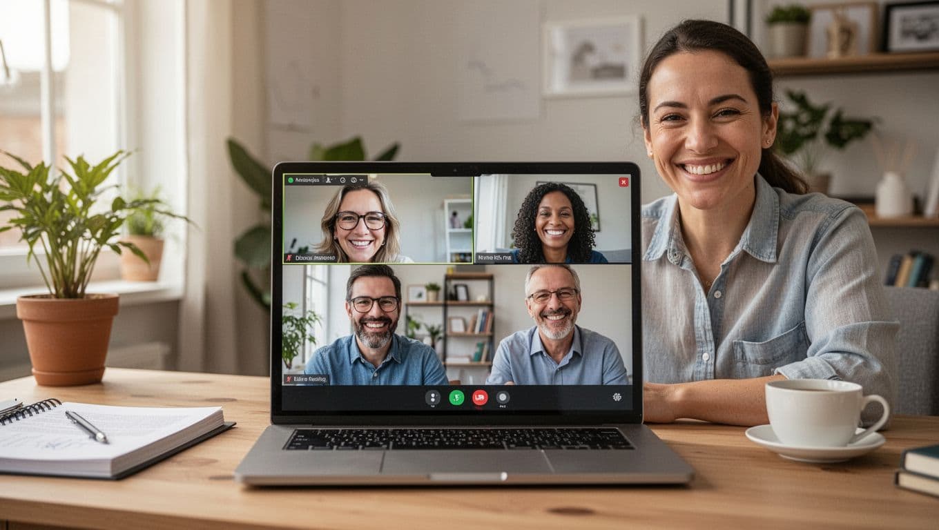Grupo pequeno de líderes empresariais sorrindo em reunião virtual, tela de laptop mostrando fim de reunião em ambiente de home office, sensação de suporte à equipe e conexão positiva.