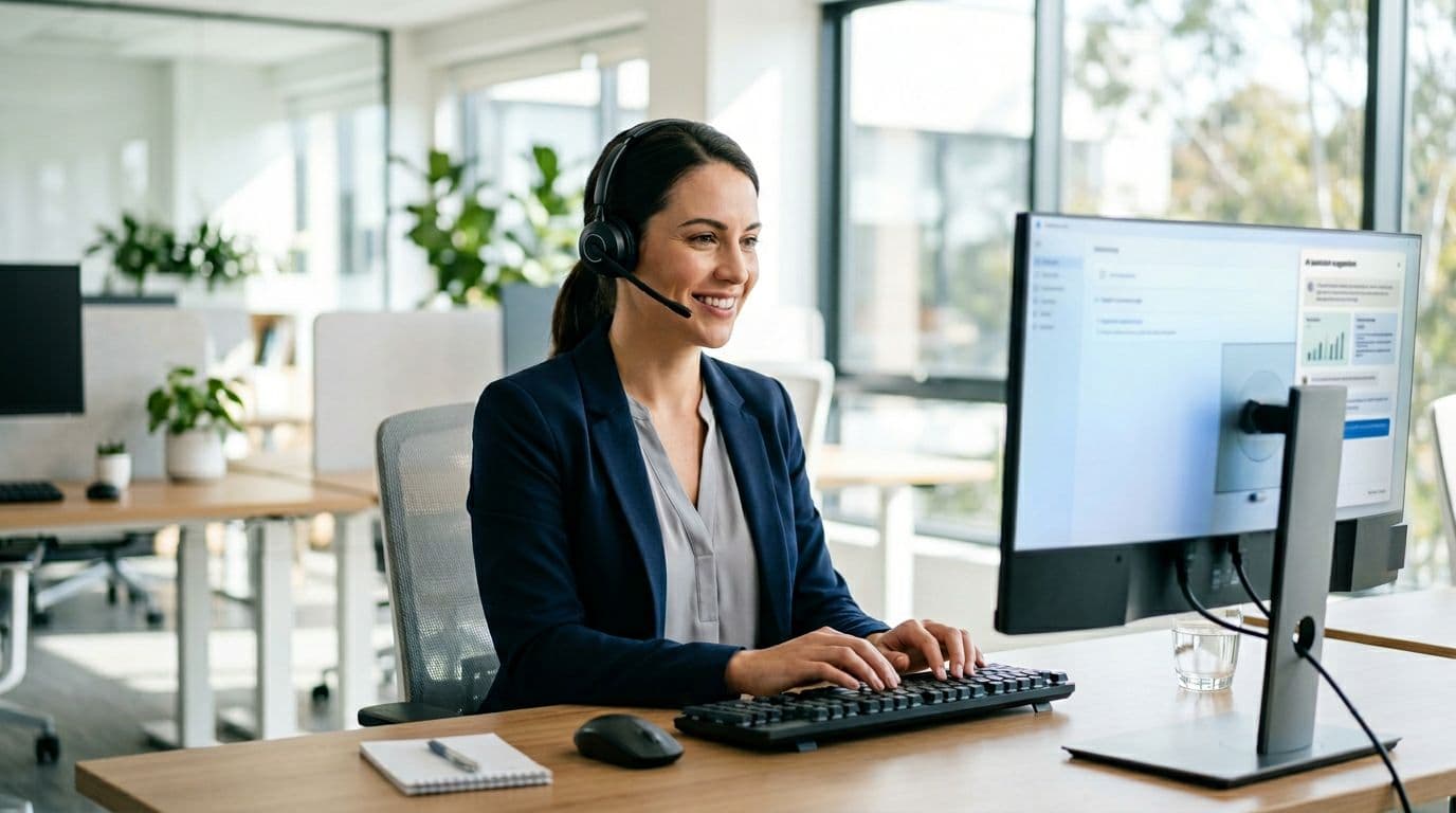 A single customer service agent wearing a headset at a clean modern workstation, smiling confidently while typing, with a subtle AI assistant suggestion on the computer screen in a bright open office environment, realistic photography, landscape orientation.