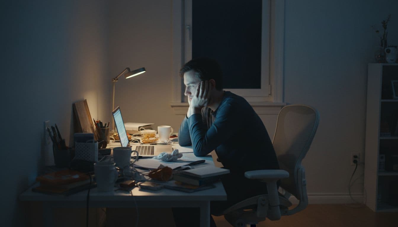 Solitary remote worker at a cluttered home desk with laptop open, head resting on hand, staring blankly at screen in dim room light, empty chair nearby.