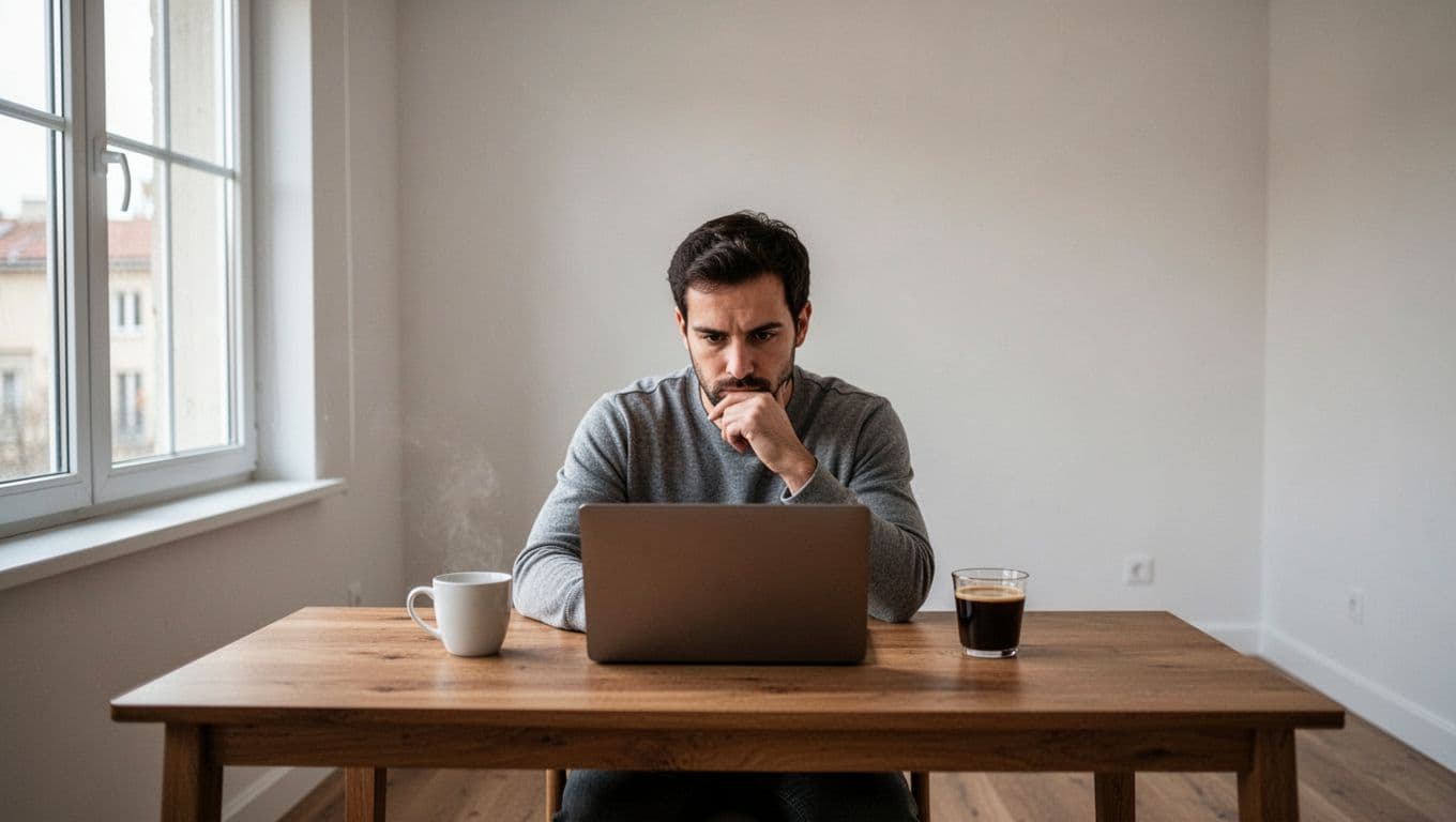 A lone remote worker sits pensively at a desk with laptop and coffee cup in an empty room lit by natural window light, centered composition emphasizing isolation and surrounding emptiness in soft realistic photographic style.