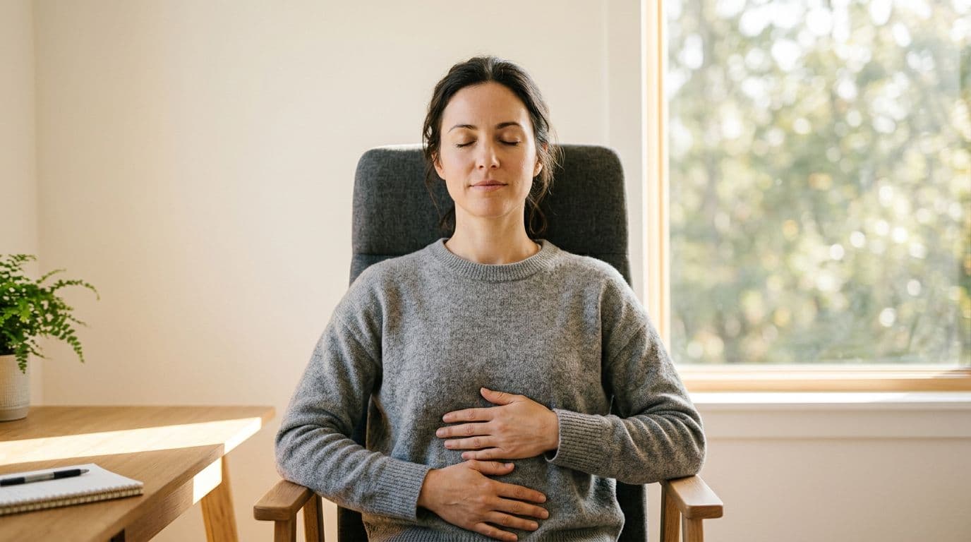 A single person in a minimalist office breathes deeply during a break, hands on abdomen, eyes closed in relaxation, centered on upper torso with a sunny window in the background, soft warm photographic style.