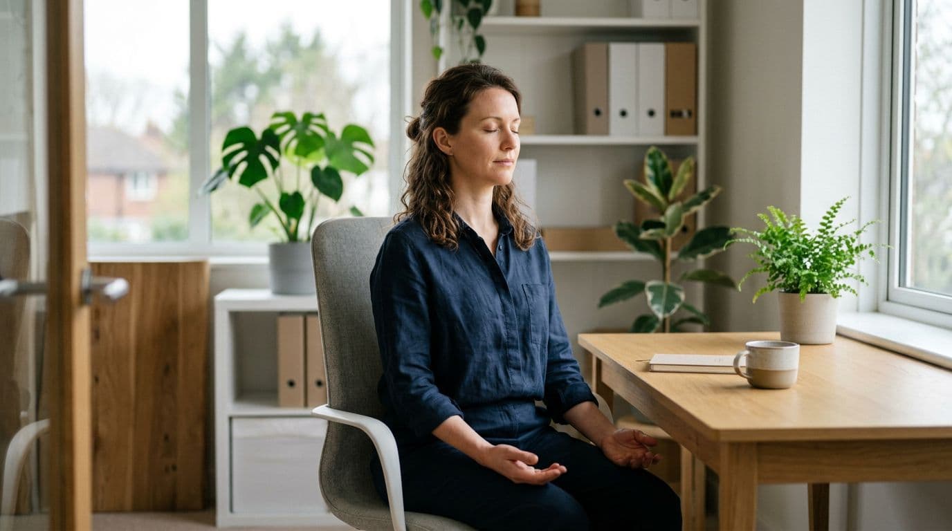A single person sits alone at an office desk practicing box breathing with relaxed hands on knees, eyes closed, and calm upright posture. Simple office background, soft natural lighting, realistic photographic style, no devices, text, or logos.