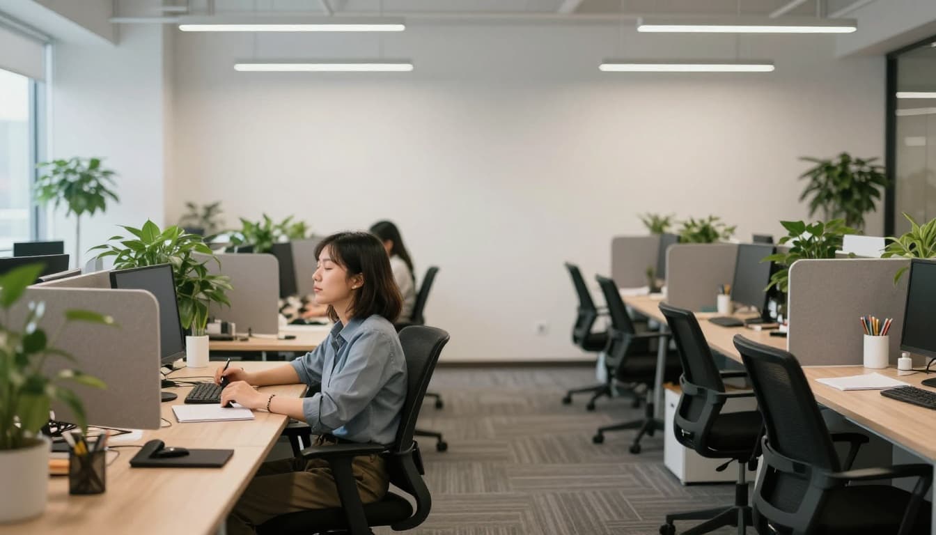 Office worker in open-plan workspace taking a short breathing pause between tasks, eyes closed briefly while seated comfortably. Modern office with plants, calm focused vibe, wide desk area in soft daylight.