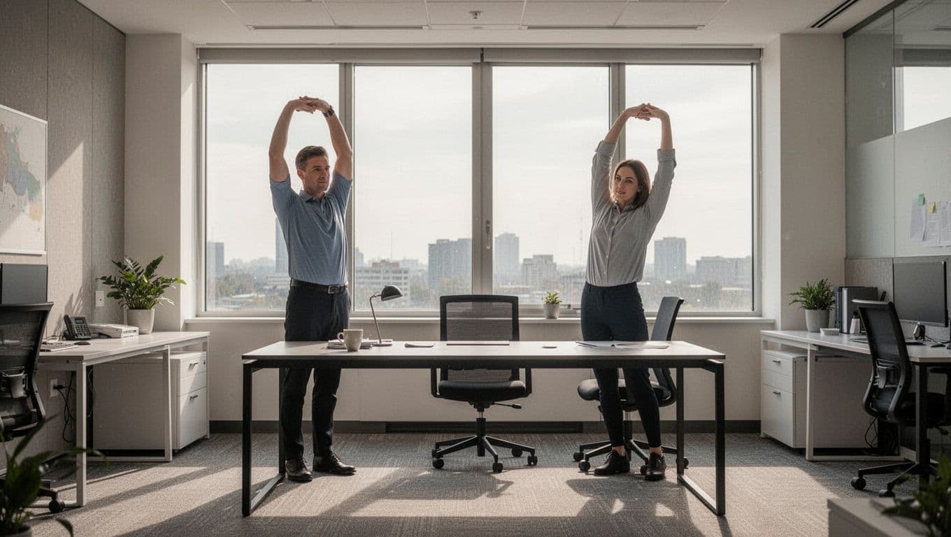A lone office worker stretches standing beside a modern desk, arms raised high, with soft natural light from a background window, wide view of workspace, photorealistic style.