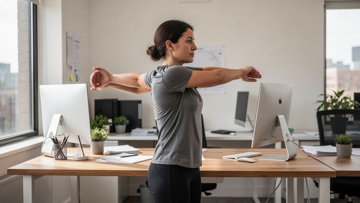 A single person stands at a simple office desk with a computer, performing shoulder rotations to stretch, captured in a realistic side view with natural light.