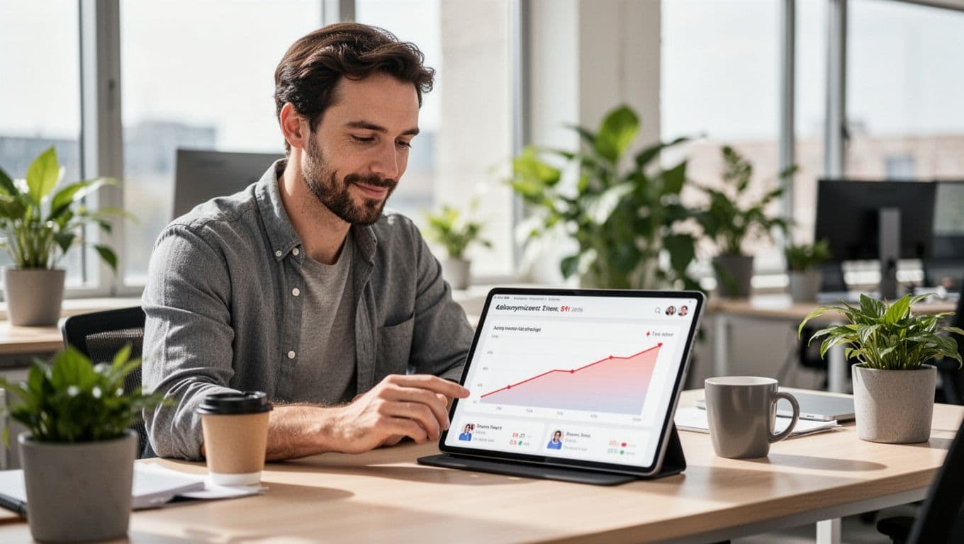 Startup CEO at a desk in a bright modern office reviews a simple dashboard on a tablet showing anonymized downward trends in team stress metrics, with a relaxed focused expression, plants, and coffee mug nearby.