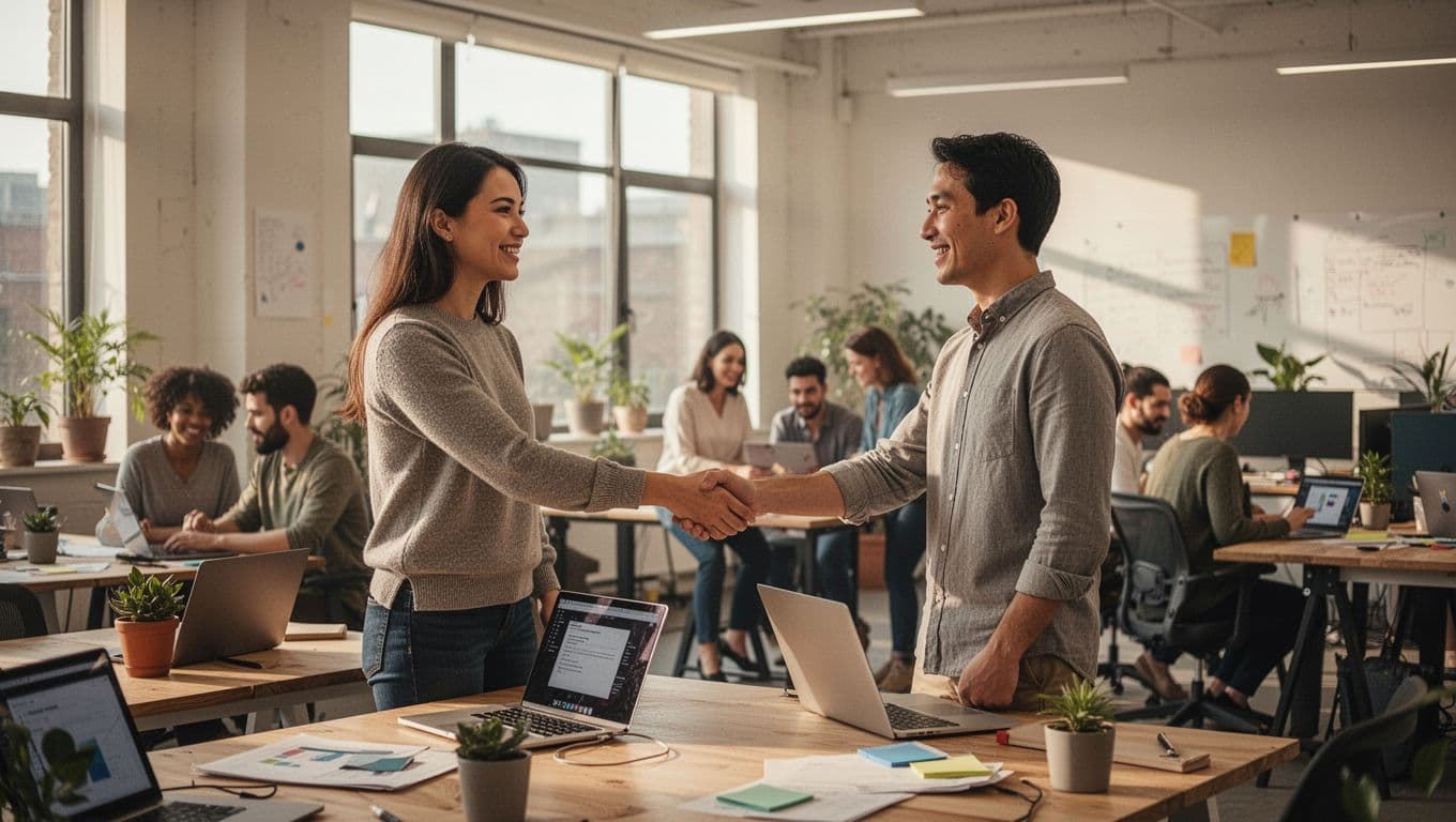 Nuevo empleado en proceso de onboarding recibe cálida bienvenida de su mentor con un handshake en oficina abierta de startup, con laptops y equipo colaborando al fondo en ambiente positivo y energizante.