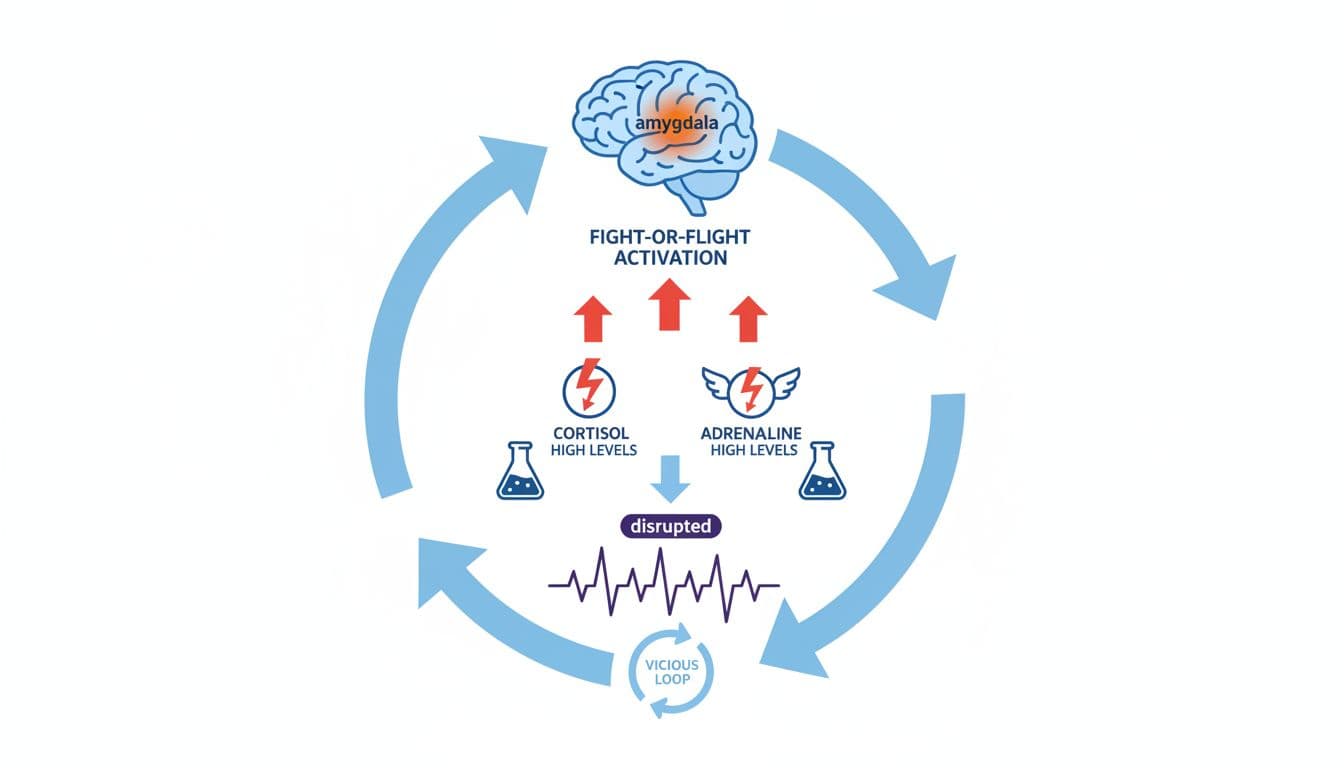 Brain and body diagram showing the stress cycle with fight-or-flight activation, high cortisol and adrenaline levels disrupting sleep waves, and arrows indicating the vicious loop in a simple anatomical medical infographic style.