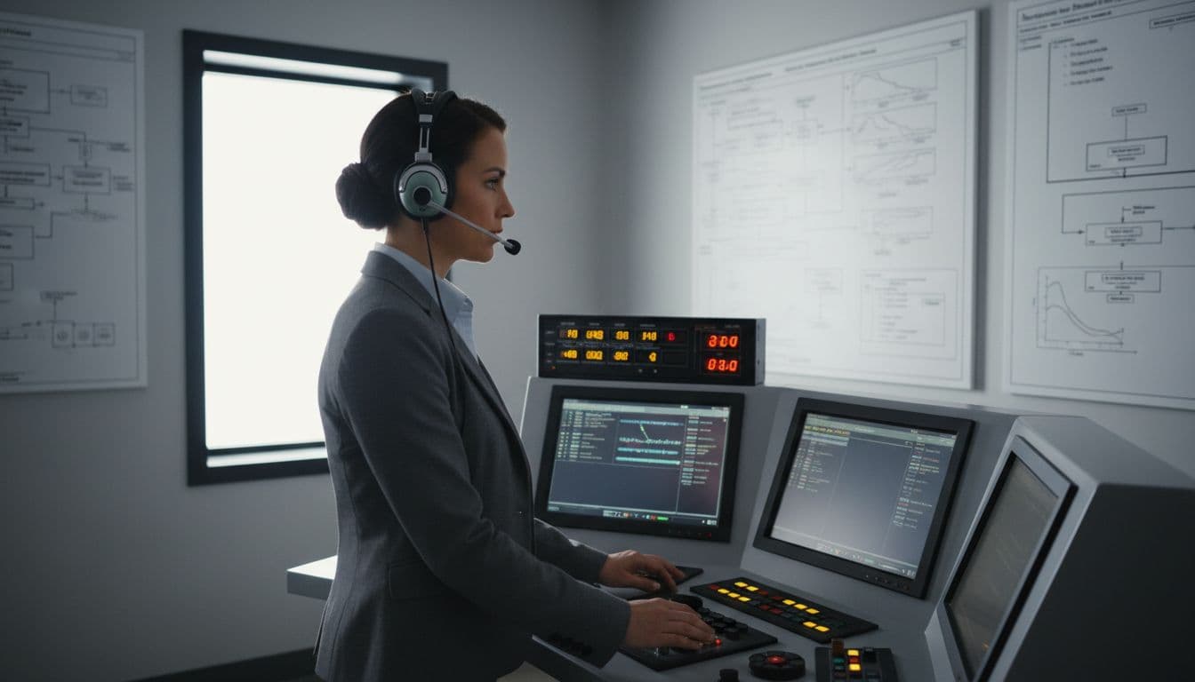 A focused professional stands at a control panel with timers and checklists during a high-stakes simulation training session, wearing a headset in an office setting with charts on walls, realistic style and natural lighting.