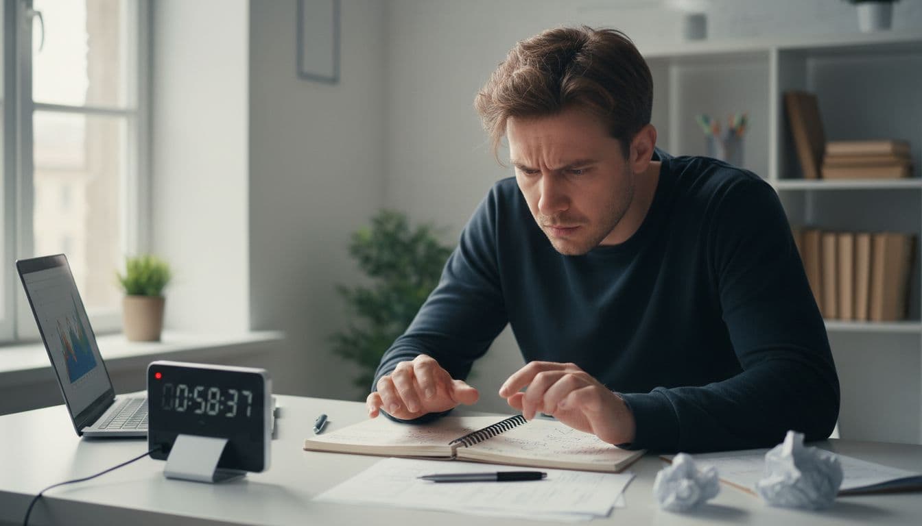 A single person simulates a high-pressure practice session at a simple office desk with a timer, open notebook, and notes, maintaining intense yet controlled focus under natural daylight.