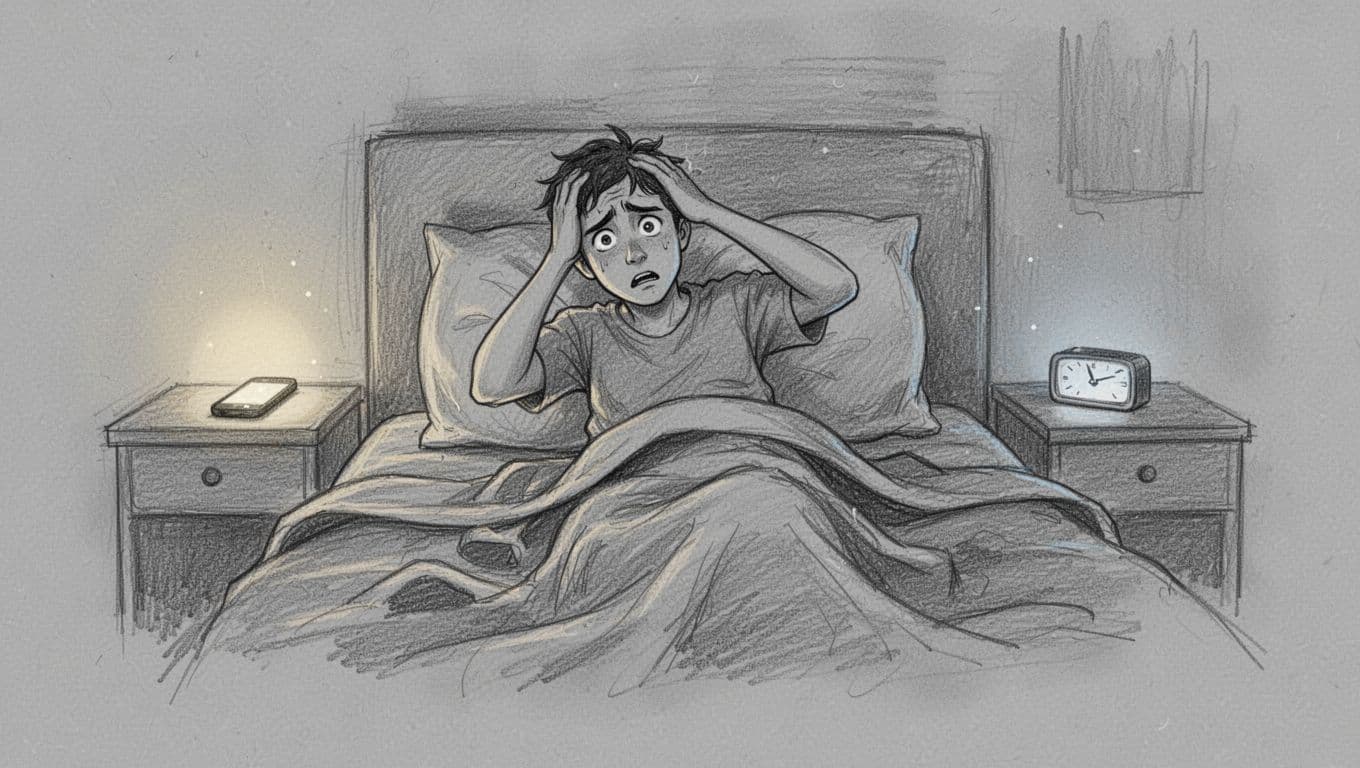 Hand-drawn sketch of a young professional tossing and turning in bed at 1 AM, eyes wide open with worry, hand on forehead, rumpled sheets, and faint phone glow in a dim bedroom.